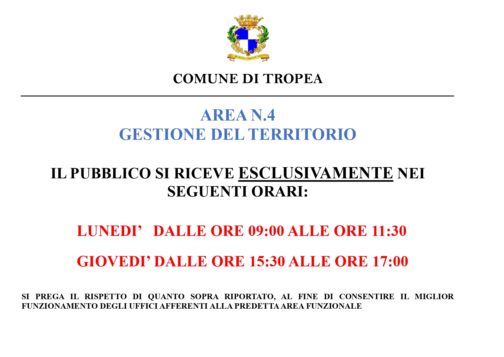 AVVISO PUBBLICO: ORARIO DI APERTURA AL PUBBLICO AREA N.4 GESTIONE DEL TERRITORIO